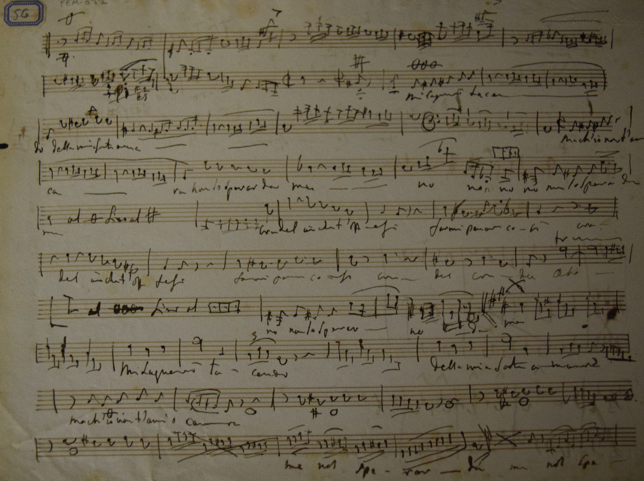 ‘Mi langerò tacendo’ of ‘Ik zal in stilte klagen’. Eén van de vele versies die Rossini componeerde op de tekst van Metastasio (1698-1782). In de eerste bundel van de ‘Péchés de vieillesse’ uit 1857 schrijft Rossini zes verschillende liederen op die ene tekst. Daarnaast componeert hij nog andere zettingen. Deze autografische schets bevat enkel de zangstem en de baslijn. Correcties zijn er nauwelijks en het geeft de indruk dat Rossini bijzonder vlot kon neerschrijven. FEM-077.